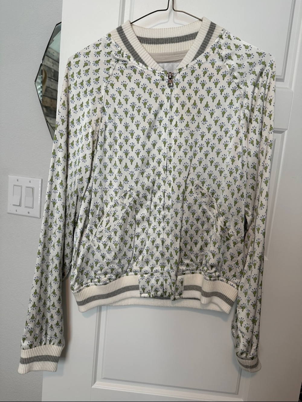 Anthropologie White Bomber Jacket with Green Floral Print